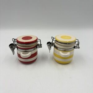 Striped Ceramic Jam Jars Set Of 2 Red Yellow‎ Clamp Lid Airtight Kitchen Storage